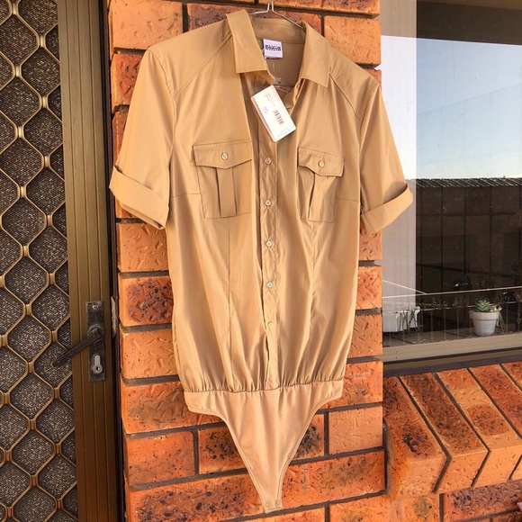 Wolford Beige Button Up Short Sleeve Safari Thong Bodysuit AU 10 NEW W TAGS - Picture 3 of 11